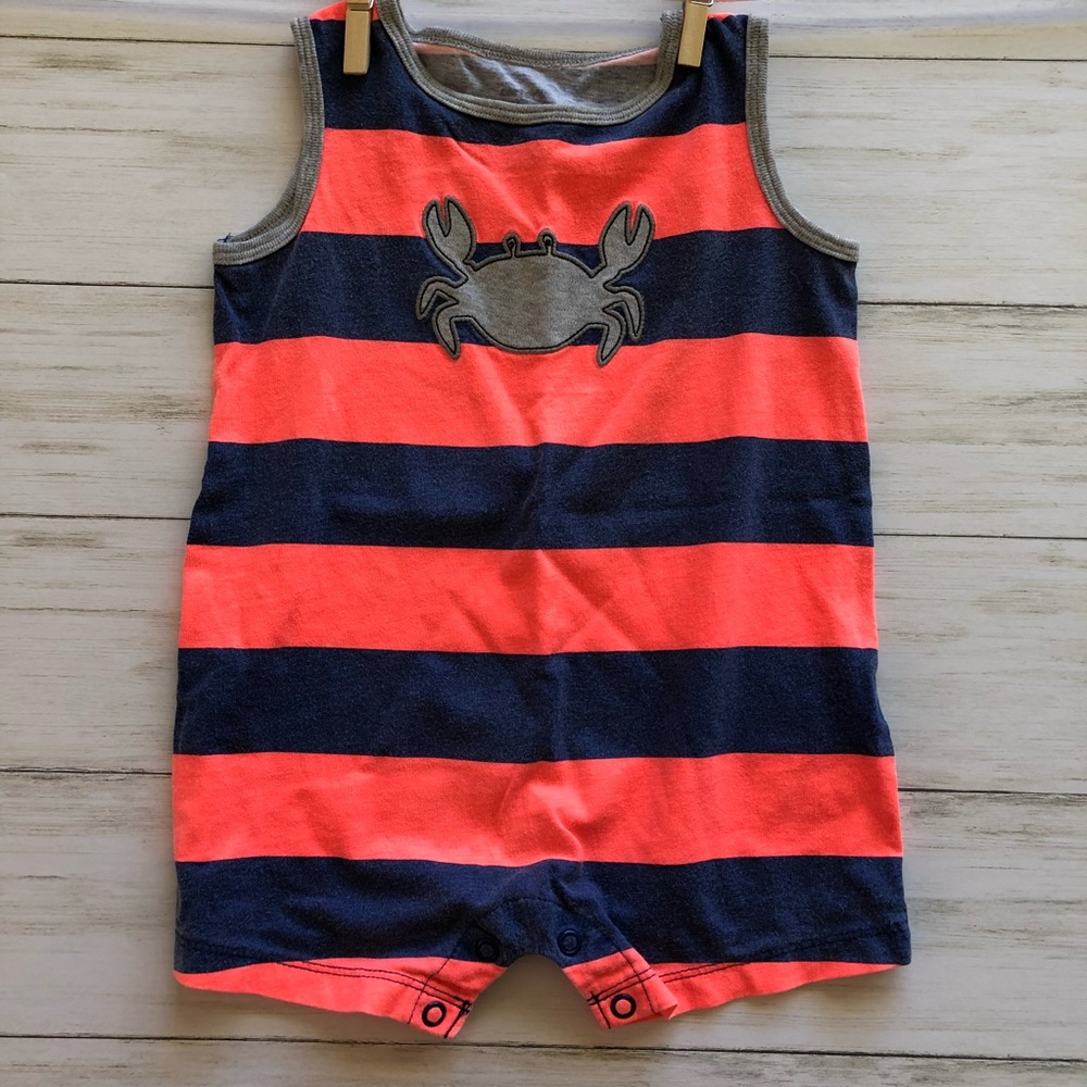Blue and salmon striped romper